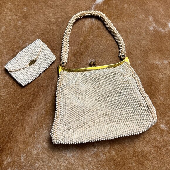 Vintage White Beaded Handbag with Coin Purse, 1950s Pearlcore Evening Bag - Picture 1 of 13